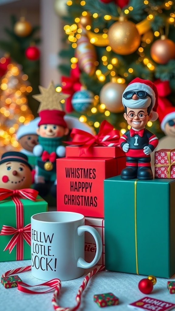 A colorful assortment of quirky Christmas gifts including socks, a mug, and a bobblehead on a festive table.